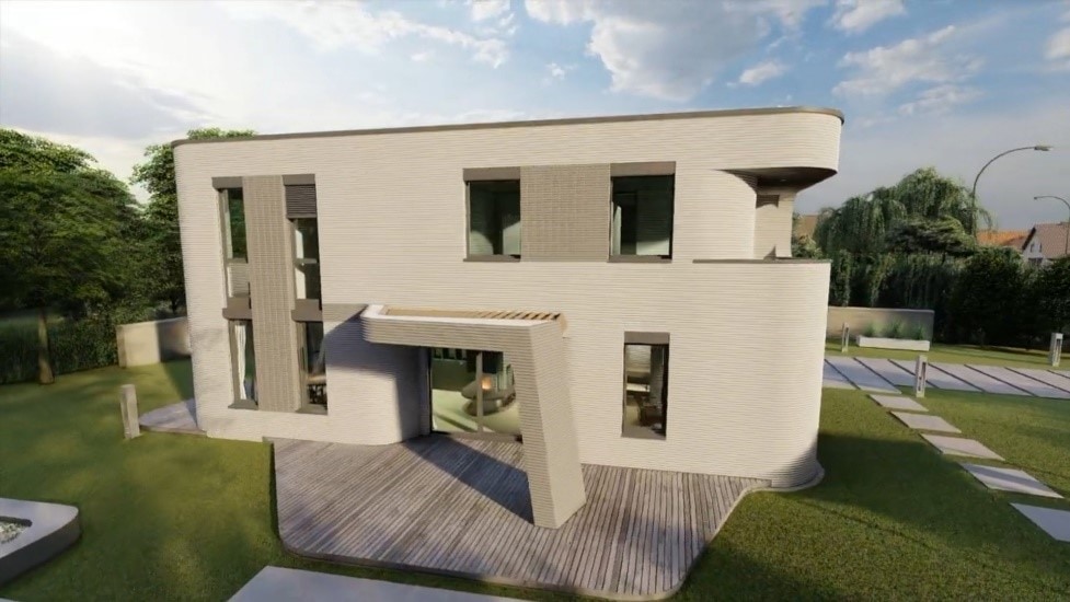Rendering of the two-story building to be 3D printed in Beckum