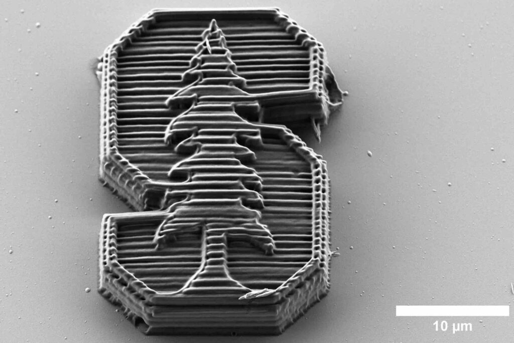 A tiny Stanford University logo, 3D printed from the new composite 3D printing material for stronger nanostructures