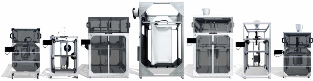 (Left to Right) Re:3D’s New 3D Printers - Gigabot 4 with enclosure, Gigabot 4 XLT, Terabot 4, Exabot, TerabotX 2, Gigabotx 2 XLT, GigabotX 2 with enclosure
