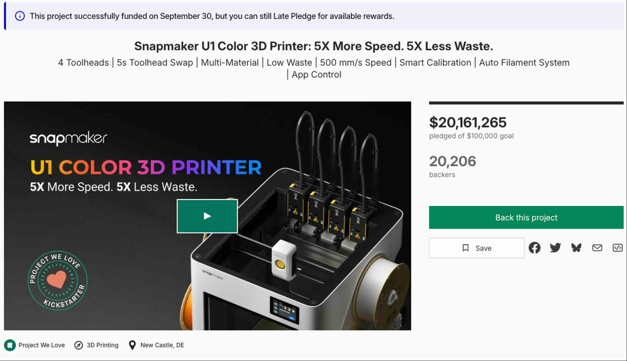 Snapmaker U1 became the most funded 3D printing project in Kickstarter history