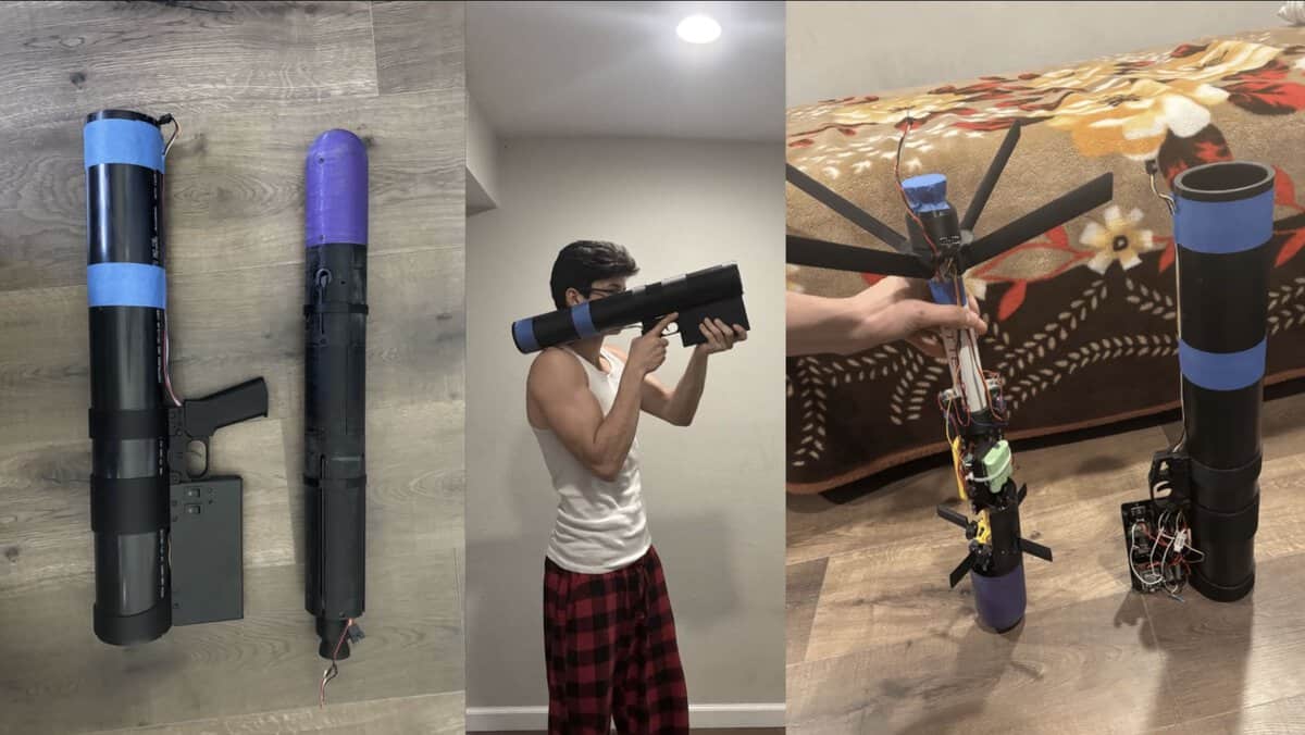 A physical demonstration of the 3D printed missile prototype showing, from left to right, the exterior of the launcher and rocket, the user aiming the shoulder-fired system, and the deployed canard-stabilised rocket next to the launcher's electronics bay