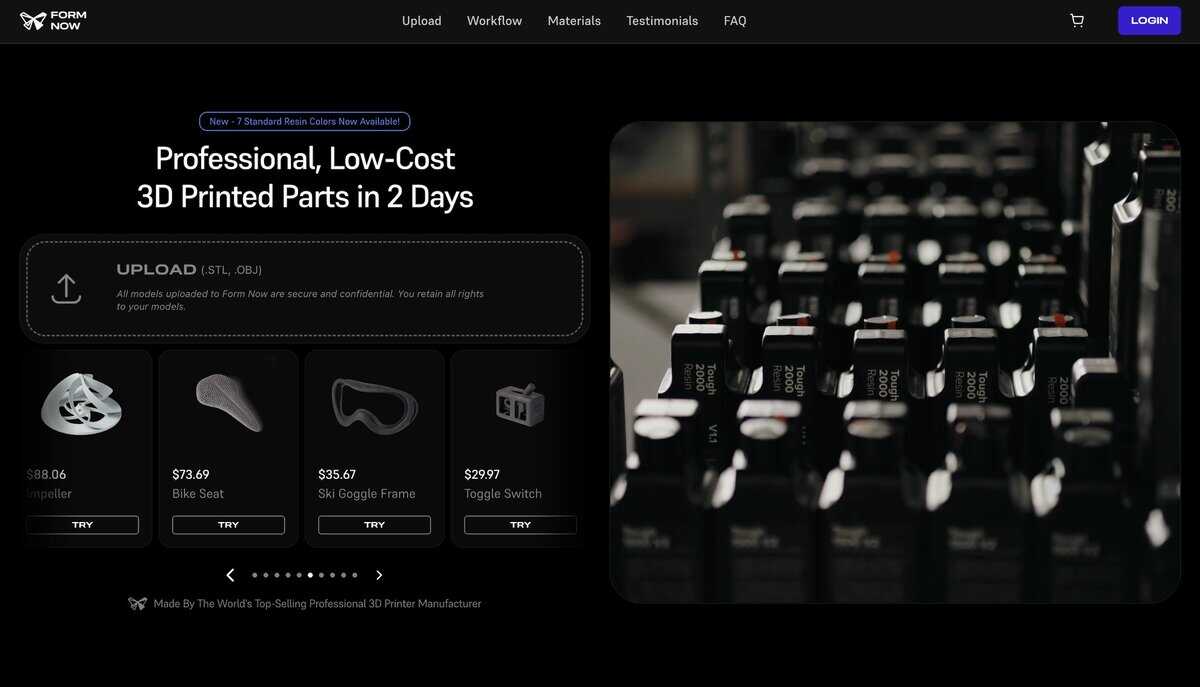 Formlabs launches Form Now, an on-demand 3D printing platform featuring a file upload interface, sample parts with instant pricing, and industrial SLA printers