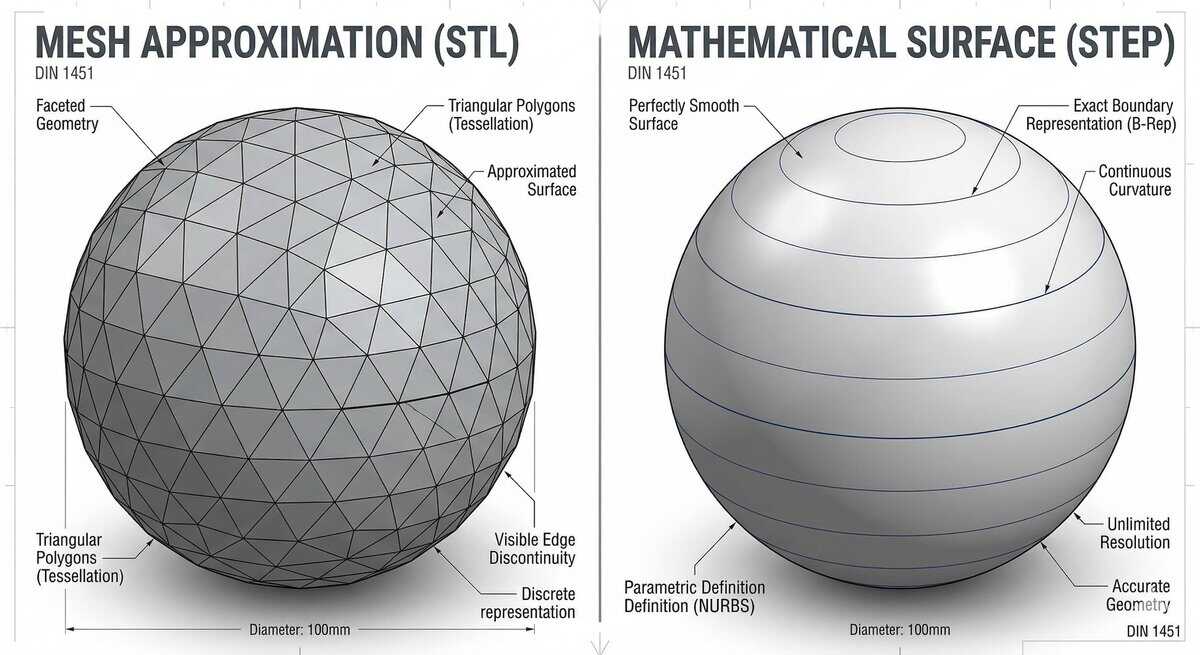 Comparison of 3D printing file format representations: (Left) STL mesh approximation using triangular tessellation with visible edge discontinuity, and (Right) STEP mathematical surface using NURBS-based Boundary Representation with continuous curvature and unlimited resolution