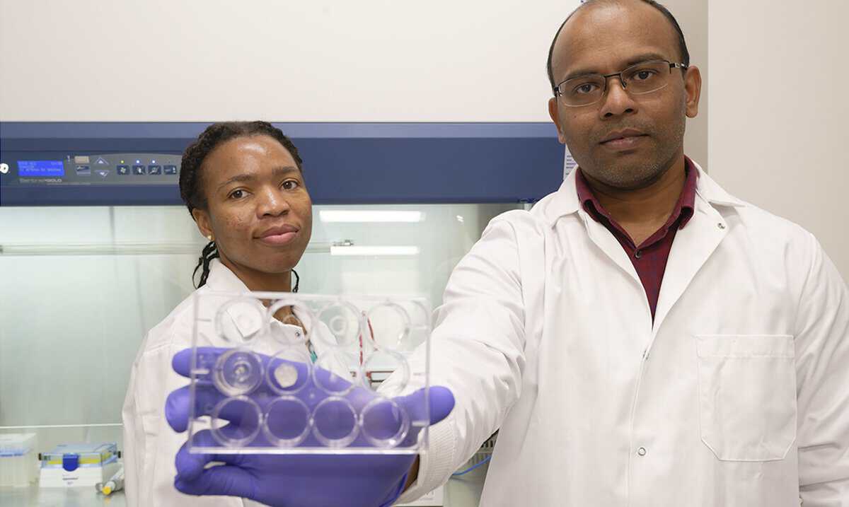Elom Doe (Left), doctoral student in pharmaceutical sciences, and Jaidev Chakka (Right), principal scientist at the School of Pharmacy, holding a 6-well plate containing 3D printed cancer drug delivery implants developed at the University of Mississippi