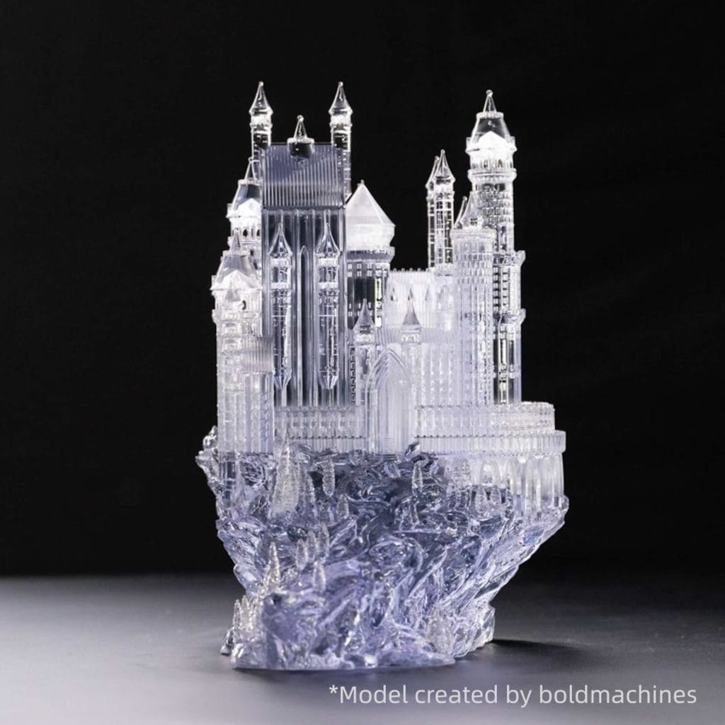 A detailed castle model produced using Transparent 3D Printing, demonstrating the high optical clarity and fine architectural detail achievable with HeyGears clear resin 