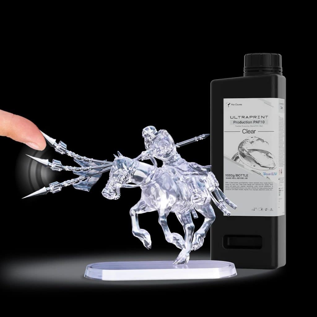 A highly detailed transparent knight figurine produced using HeyGears' UltraPrint Production PAF10 Clear Resin, demonstrating the Transparent 3D Printing capabilities of the flexible production material 