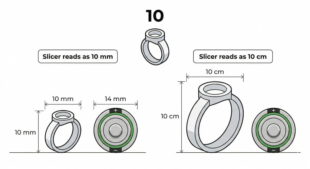 Illustration of a common 3D printing file format scaling error caused by missing unit data in STL files: (Left) slicer interprets a ring model with a dimension value of 10 as 10 mm, producing a correctly sized part, and (Right) the same value is interpreted as 10 cm, resulting in a dramatically oversized print