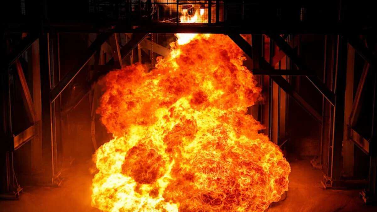 Massive fireball during the four-engine 3D-Printed Rocket Engine cluster test fire by Agnikul Cosmos at its propulsion testing facility