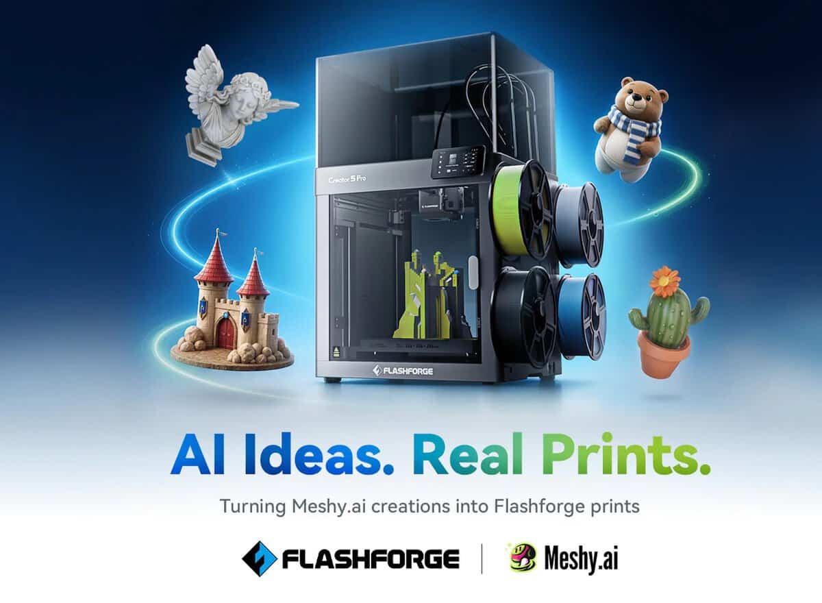FlashForge Creator 5 Pro 3D printer surrounded by multicolour AI image to 3D model prints including a castle, teddy bear, angel figurine, and cactus, with FlashForge and Meshy AI logos