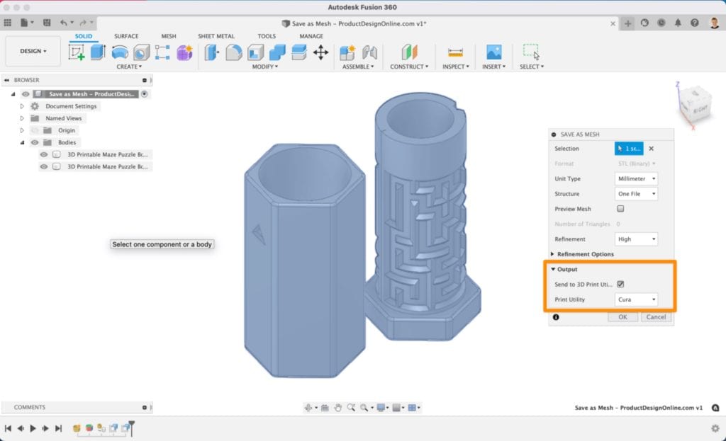Autodesk Fusion 360 interface displaying two 3D printable maze puzzle bodies with the Save as Mesh dialog open, showing STL binary format selected and output configured to send to Cura print utility, relevant to Claude for CAD workflow automation