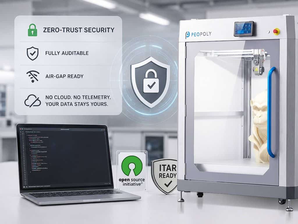Peopoly Giga 800 3D printer alongside a laptop displaying code with callouts for zero-trust security, fully auditable firmware, air-gap readiness, no cloud or telemetry, and badges for Open Source Initiative and ITAR Ready compliance