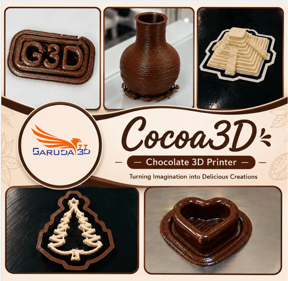 Garuda3D’s Cocoa3D printer is developed for chocolatiers, bakeries, hotels, educational institutions, research labs, and food businesses.