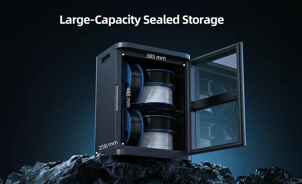 The i10 Filament Dehumidifying cabinet has a large storage capacity